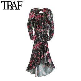 TRAF Women Fashion With Drawstring Floral Print Asymmetrical Midi Dress Vintage Long Sleeve Backless Female Dresses Mujer 210415