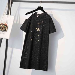 L-4XL Summer Women O Neck Hollow Out Short Sleeves Casual T-shirt Dress Female Dresses A2359 210428