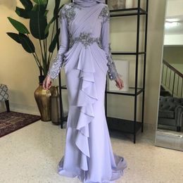 Muslim Lilac Evening Dresses 2022 High Neck Long Sleeves Hijab Mermaid Chiffon Vestido De Festa Long Formal prom Gown