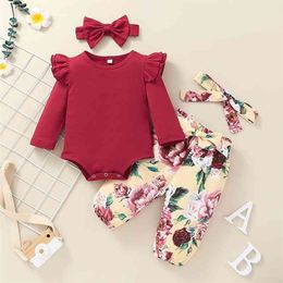 Summer Children Sets Casual Long Sleeve O Neck Red Solid Rompers Print Floral Trousers 2Pcs Girls Boys Clothes Set 0-2T 210629