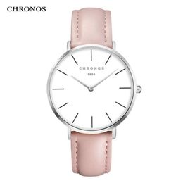 Wristwatches CHRONOS Women Watches Leather Buckle Strap Fashion Laddies Silver Hardlex Dial Ultra-thin Quartz Wristwatch CH02