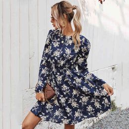 spring and summer A-Line Casual dress women's vintage dress mid-length long-sleeved slim fit print dress vestidos 210514