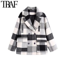 TRAF Women Fashion Double Breasted Plaid Woollen Jacket Coat Vintage Long Sleeve Pockets Female Outerwear Chic Tops 210415