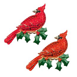 10 Pcs/Lot Rhinestone Brooches Red Cardinal Crystal Christmas Holiday Large Bird Animal Pins For Women Lady Gift