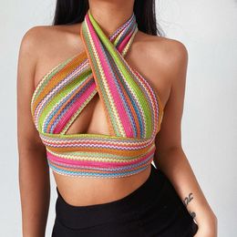 Rainbow Striped Cross Halter Knit Tank Top Women 2021 Summer Sexy Backless Crop Top Sleeveless Club Knitted Vest