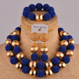 Earrings & Necklace Royal Blue African Beads Jewellery Set Simulated Pearl Costume Nigerian Traditional Wedding FZZ73