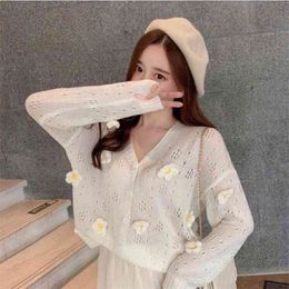 Thin Section V-neck Long-sleeved Knitted Sweater Femal Flower Decoration Stitching Single-breasted Cardigan Women Spring 210427