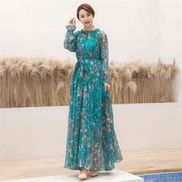 Plus Size Long Sleeve Bohemia Floral Beach Maxi Dress Summer Casual Loose Dresses Lightweight Sexy Chiffon bridesmaid Sundress 210409