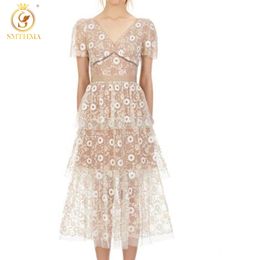 Arrival Sequined Embroidery Cascading Summer Dress Women Sexy V-Neck Short Sleeve Mesh Long Robe 210520