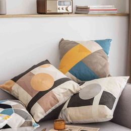 45x45cm Cushion Cover Blue Coffee Yellow Grey Abstract Geometric Cotton Square Embroidery Pillow Case Cover Home Decor 210401