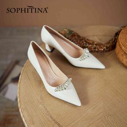 SOPHITINA Pumps Woman Shallow String Bear Pearl Decoration Pointed Toe Slip On High Square Heel Office Lady Shoes PB02 210513