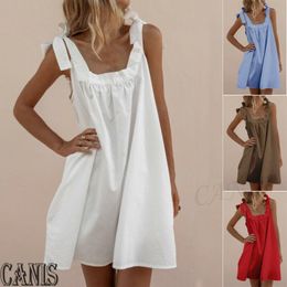 Summer Women Beach Dress Sleeveless Boho Party Cotton Linen Kaftan Mini A-Line Strap Sundress Sarongs