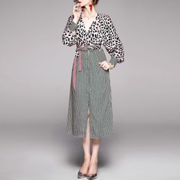Women Leopard Striped Print Patchwork V-neck Sash Lantern Long Sleeve Elegant Office Lady Midi Dress D2569 210514
