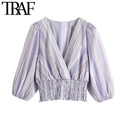 TRAF Women Fashion With Elastic Hem Striped Cropped Blouses Vintage V Neck Puff Sleeve Female Shirts Blusas Chic Tops 210415