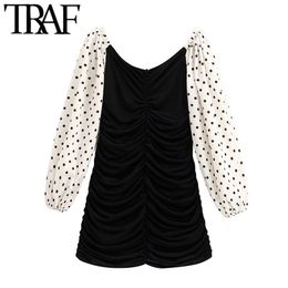 Women Sexy Fashion Polka Dot Patchwork Sheath Mini Dress Vintage V Neck Puff Sleeve Stretch Female Dresses Vestido 210507