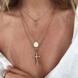Bohemian Cross Pendant Necklace for Women Charming Gold Color Alloy Metal Multilayer Adjustable Chain Choker Jewelry