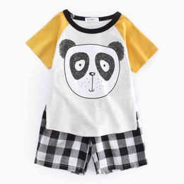 Summer Baby Boy Little Bear Printing Clothes Kids Sets Clothing Suit T-Shirt + Grid Shorts Children 210429
