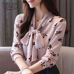 Autumn Long Sleeve women shirts casual print pink chiffon blouse elegant bow V-neck office ladies tops top female 5370 50 210506