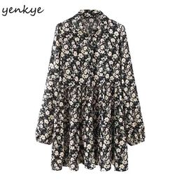 Fashion Women Vintage Floral Print Dress Lapel Collar Long Sleeve Casual Plus Size Spring Autumn Short Vestido 210514