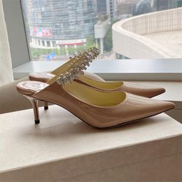 22s Kadın Sandal Terlik Bing 65mm Yüksek Topuklu Ayakkabı Ayakkabı Ayak Bileği Kristal Dantel-Up Beyaz Sandal Glitter Katır Siyah Patent Deri Sivri Burun Mid Topuklu # 35-43