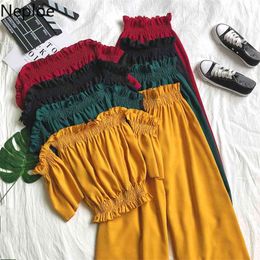 Summer Holiday 2 Pcs Women Set Slash Neck Off Shoulder Short Blouse + High Waist Hip Bud Wide-leg Pant Suit Chandal 48274 210422