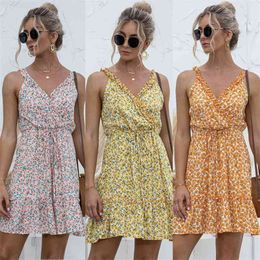 Fashion Boho Floral Print Sleeveless High Waist Lace-Up A-Line Mini Dress Summer Sexy V-neck Ruffle For Women 210517