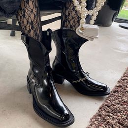 Luxury Brand Design Genuine Leather Fashion Cool Chains Slip On Mid Calf Boots Street Style Gothic Halloween Woman Shoes