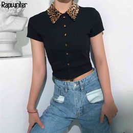 Vintage Leopard Patchwork Turn-down Collar Women T Shirt Short Sleeve Crop tops Femme harajuku Stretch Button T-shirt 210510