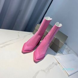 Pointed Toe Botas Winter Genuine Leather Boots Pink High Heel Shoe Women Shoes Zip Chunky Boot Woman