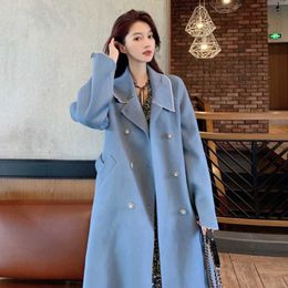 Women's Wool & Blends Vintage Haze Blue Woollen Coat Women 2021 Autumn Fashion Elegant Cashmere Warm Loose All-Match Overcoat Long