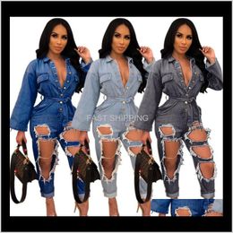 Women'S Jeans Apparel Fashionable Holes Ripped Women Jumpsuits Blue Black Sexy Long Sleeves Buttons V Neck Sash Straight Pants R Qg4Ew