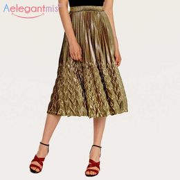 Aelegantmis Spring Autumn High Waist Long Pleated Skirt Women Fashion Metallic Maxi s Female Elascity Casual Party 210607