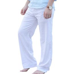 Linen Pants Male Summer Solid Colour Elastic Waist Straight Loose Trousers Casual Vacation Men's Clothing 210601