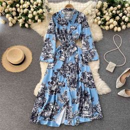 Women's Spring Temperament Vestidos Shirt Lapel Buttoned Slim Printed Long-sleeved Midi Dress GK686 210506