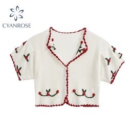 Women's Vintage Knitted Crop Blouses Embroidery Mori Girl Korean Elegant Short Sleeve Summer Shirt Female Casual Holiday Tops 210417