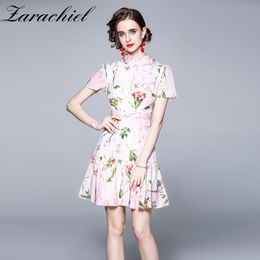 Fashion Designer Pink Floral Printed Summer Women Stand Short-Sleeved High Waist Slim Sweet Beach Ruffles Mini Dress 210416