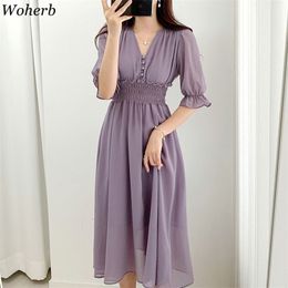 Korean Chiffon Dress Women Vintage Puff Sleeve Slim Waist Robe Temperament Midi Dresses V Neck Elegant Party Vestidos 210519