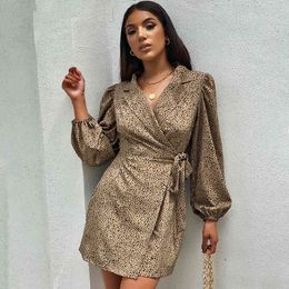 Foridol Leopard Print Elegant Winter Dress Women Clothes Autumn Bownot Short Dress Office Lady Vestidos for Women 210415