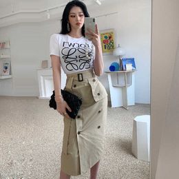 Female Suit Letter Print Slim Wasit Tshirt Tops And High Waist Button Pencil Skirt Two Piece Sets Womens Outfits 210529