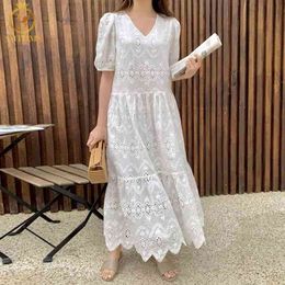 Fashion Korea Chic Temperament Elegant Loose Embroidered Lace Hollow Out Dresses Women's Sexy V-Neck Puff Sleeve Vestidos 210520