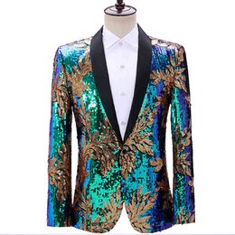 Leaf Sequin Jacket Men Stage Party Mens Suit Jacket Dress Luxury Performance Mens Blazer Wedding DJ Singer Costume Homme 210524