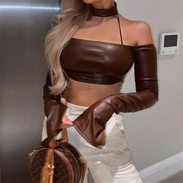Party Club Women Fashion Off Shoulder Leather Top Flared Sleeves Split Halter Backless Sexy Slim Crop Spring Streetwear 210517