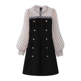 PERHAPS U Women Black Collar Polka Dot Mesh Patchwork Double Breasted Lantern Long Sleeve Empire A-line Mini Dress Spring D2441 210529