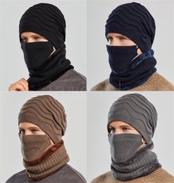Men's Winters Hat Warm Knitted Woollen Cap Winter Cycling Windproof Bib Mask Three-piece Set Motorcycle Riding Hood Face Shield DD474