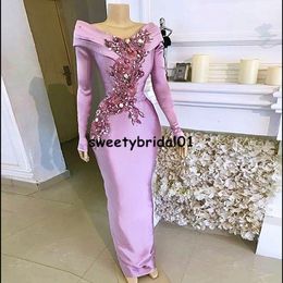 Desinger Light Purple Mermaid Evening Dress 2021 Long Sleeves Satin Flowers Lace Aso Ebi Prom Party Dress Formal Wear