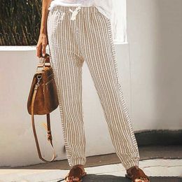 Women New Linen Pants Trousers Loose Casual Striped Women's Plus Size Pocket Straight-leg Pants Female Summer Spring Pants Q0801