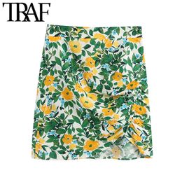 TRAF Women Chic Fashion Floral Print Draped Mini Dress Vintage High Waist Side Zipper Female Skirt Faldas Mujer 210415