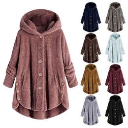 Wool jacket coat winter women's large size button thick three-breasted plush jacket hooded loose cardigan solid Colour 211118