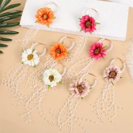 Fashion Ladies Yarn Fabric Simulation Flower Drop Earrings For Women White Pearl Long Tassel Dangle Earring Party Jewellery Gift