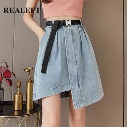 Summer Irregular Women's Denim Skirt Sashed High Wasit Casual Blue Jeans Female A-line Short Skirts Pockets 210428